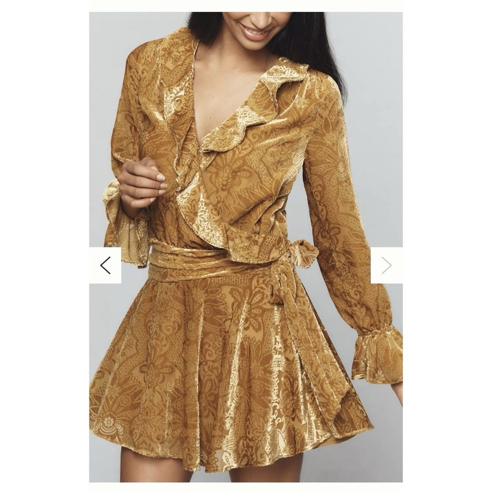 NWT By Anthropologie Gold Velvet Ruffle Wrap Mini Dress Paisley Plus Size 16